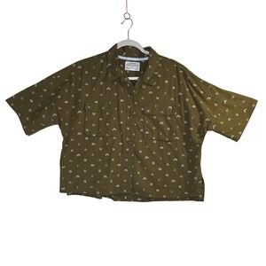 REI Cooperative L Olive Green Short SleeveButton Up EmbroideredRainbow Mountain